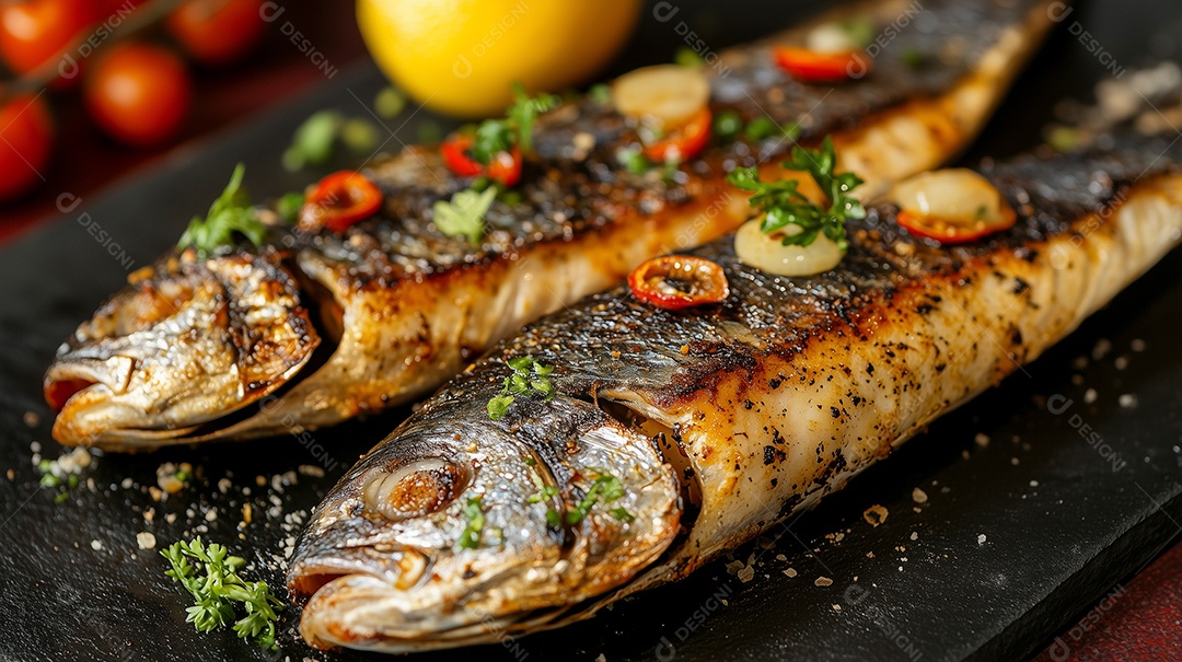 Peixes grelhados temperados ervas e pimentas picantes sobre tábua de madeira