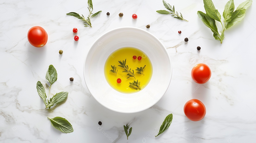 Sopa de ervas e tomate em tijela ao redor grãos folhas de erva e tomate sobre fundo isoloado