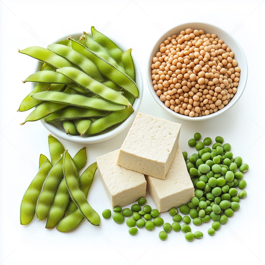 Tabletes de queijo ao lado de grãos verde e maduros com baja sobre fundo branco isolado