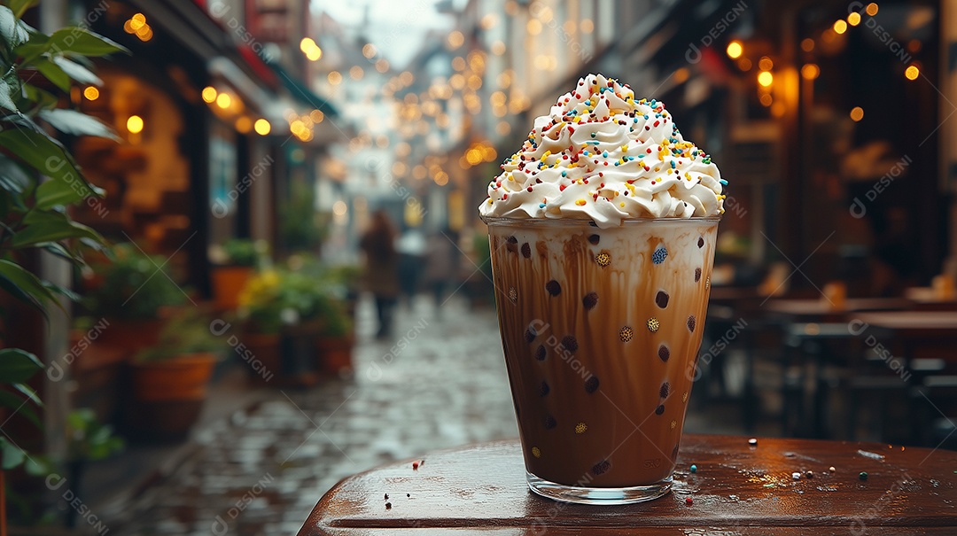 Cappuccino com chantily sobre mesa de madeira