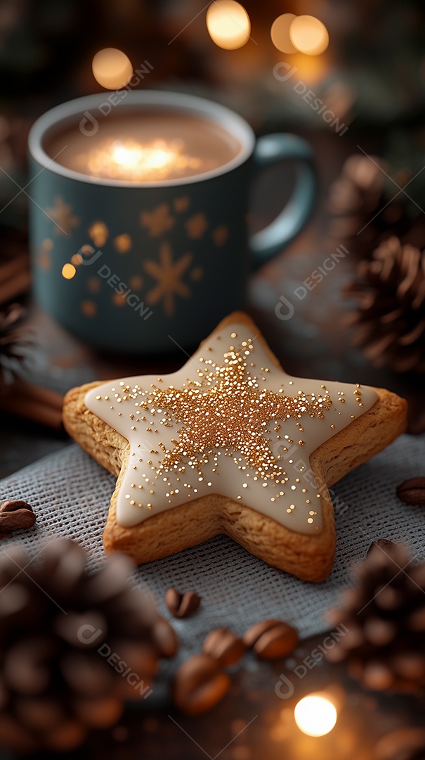Biscoitos de gengibre em forma de estrela ao lado de cappuccino e grãos de café sobre fundo desfocado