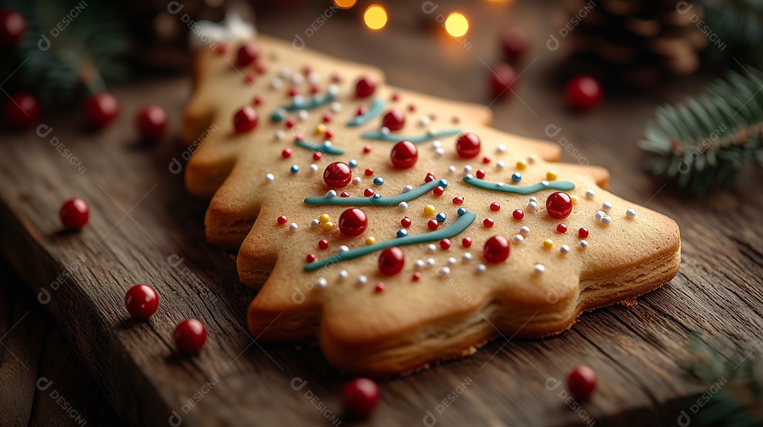 Biscoitos de gengibre em formato de árvore de natal e decorações sobre uma mesa de madeira