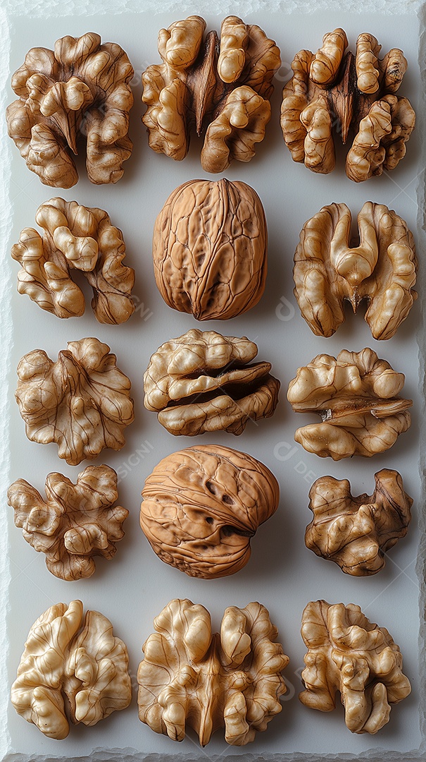 Difrentes formatos de miolo de nozes sobre fundo branco isolado