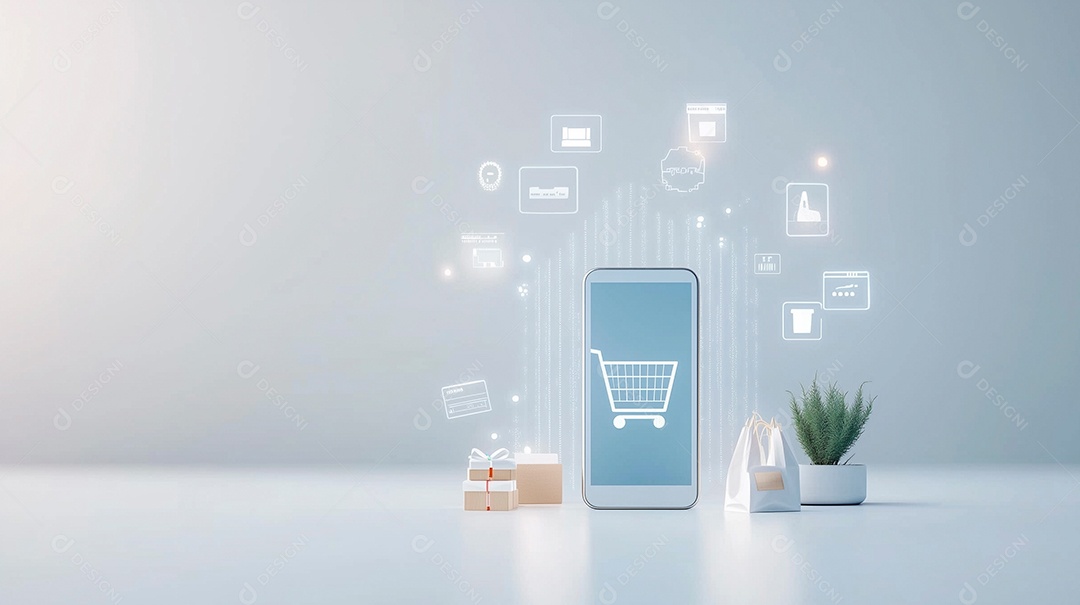 Lindo smartphone com ícone com conceito de compras online sobre fundo branco isolado