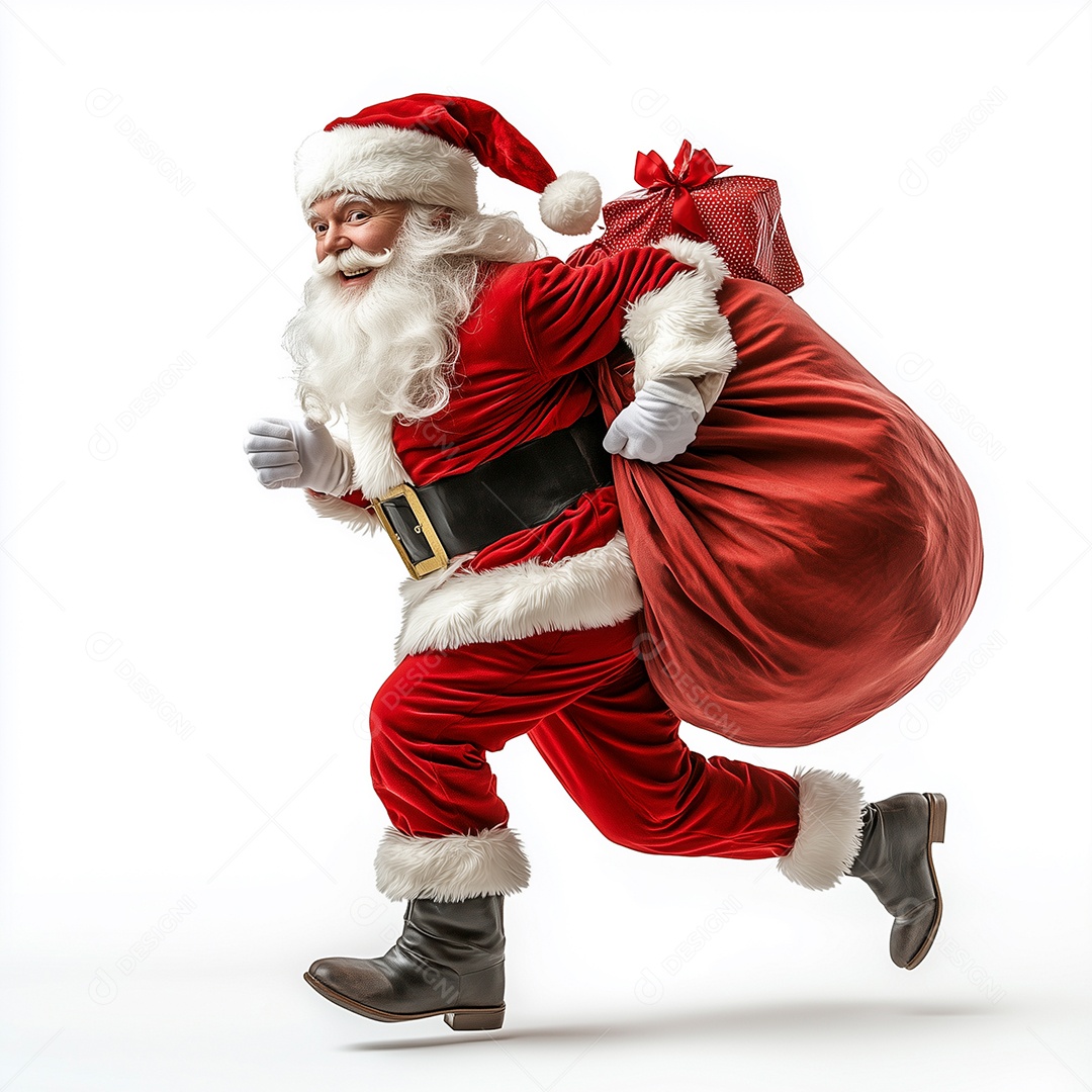 Papai Noel 3d correndo com saco de presentes de natal sobre fundo branco isolado