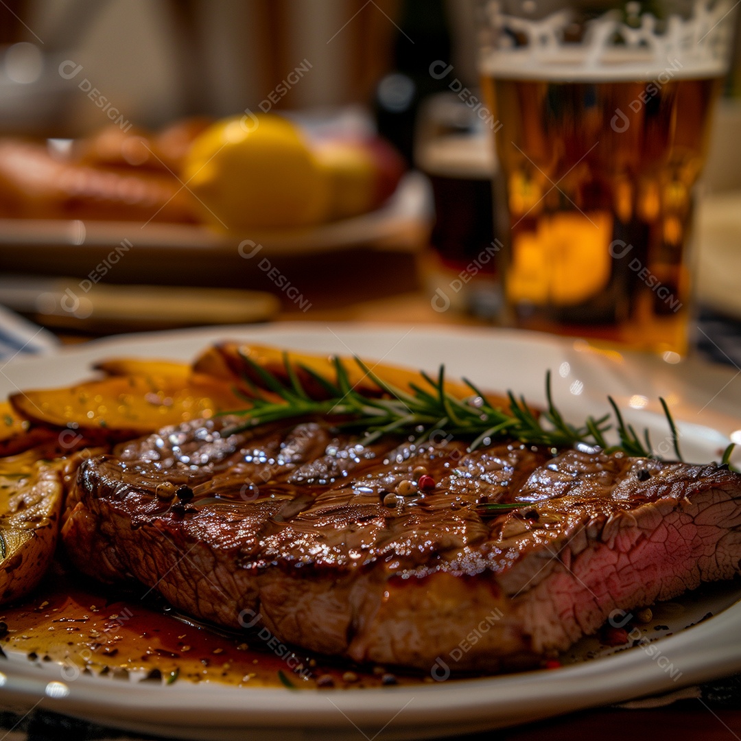 Lindo bifé grelhado com batatas em prato sobre mesa de madeira
