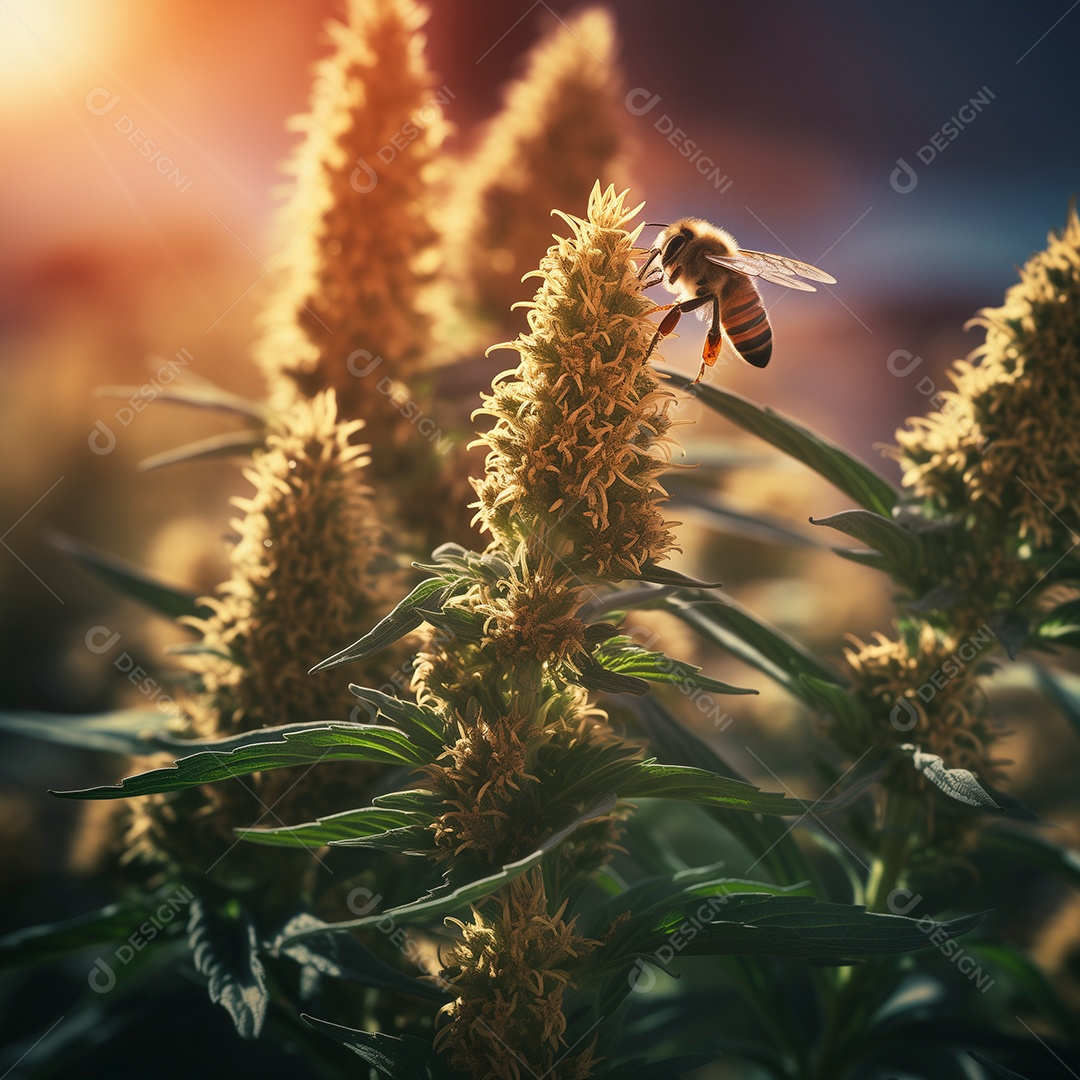 Linda abelha puxando nectar sobre fundo com pôr do sol isolado