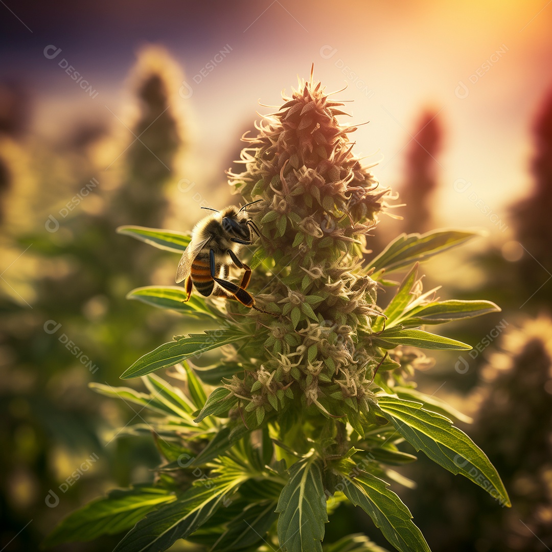 Linda abelha puxando nectar sobre fundo com pôr do sol isolado