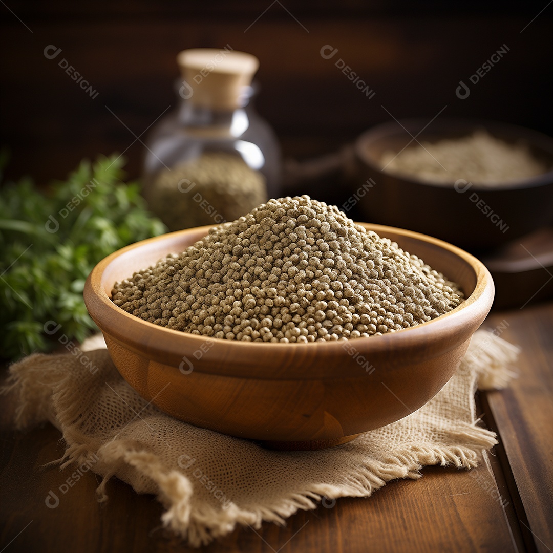 Sementes de coentro em tijela de madeira sobre mesa de madeira