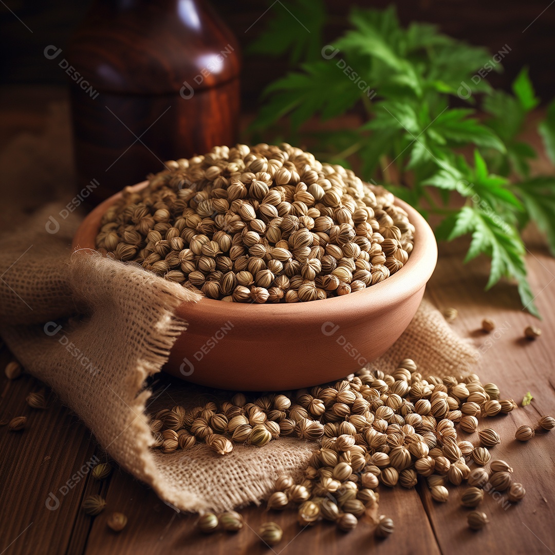 Sementes de coentro em tijela de madeira sobre mesa de madeira