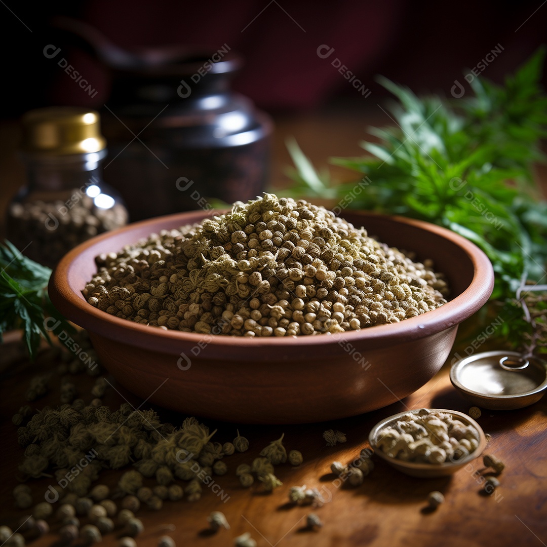 Sementes de coentro em tijela de madeira sobre mesa de madeira