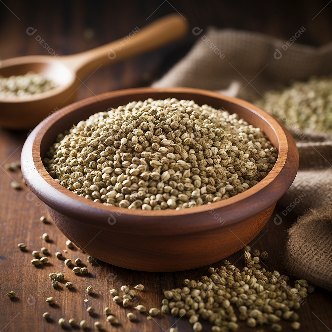 Sementes de coentro em tijela de madeira sobre mesa de madeira