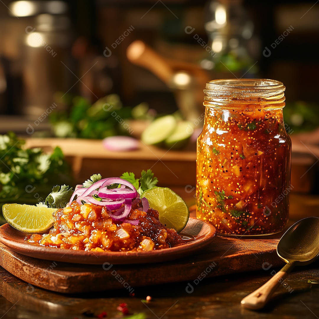 Molho de pimenta em frascos e em um prato sobre mesa de madeira