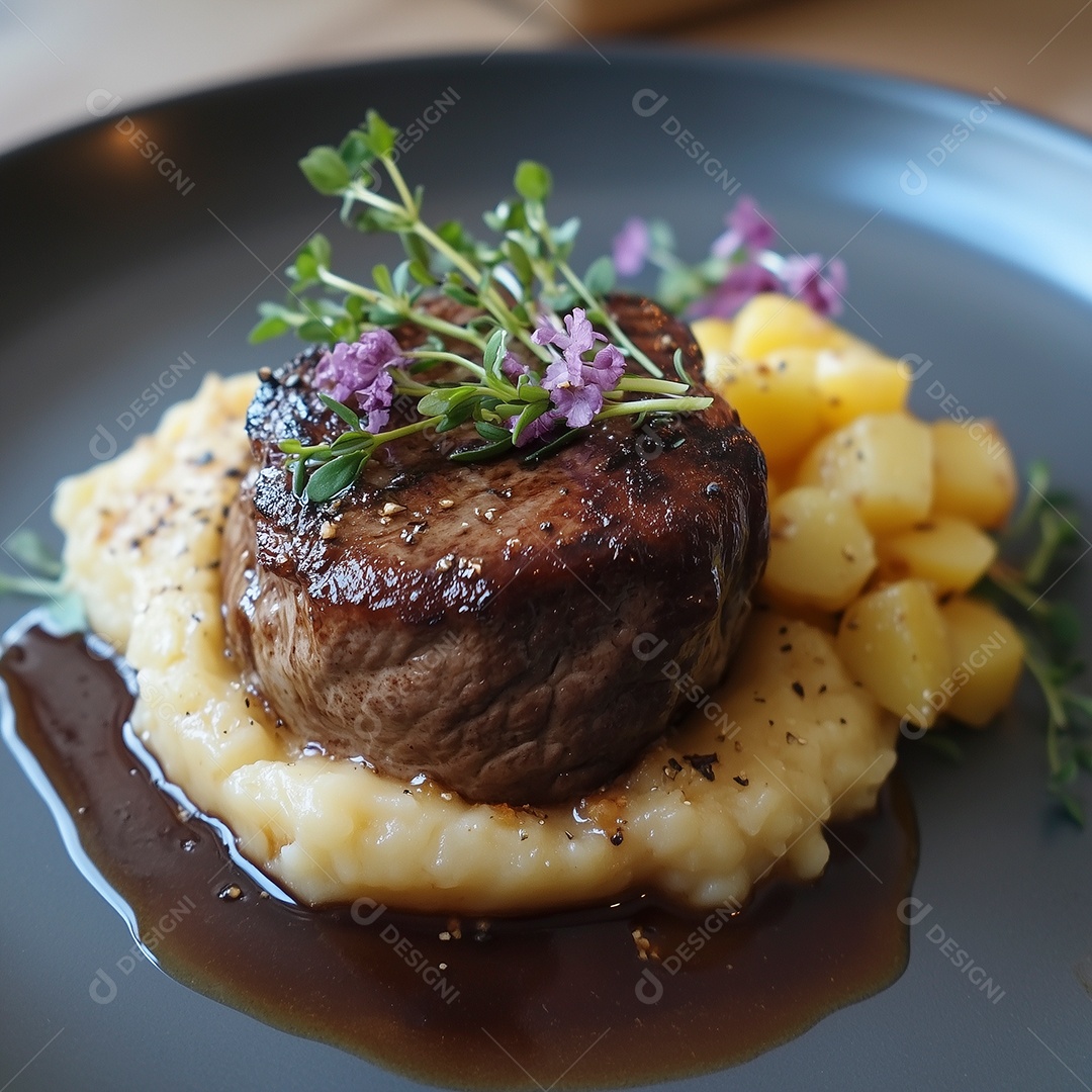 Cubo de carne grelhado com queijo coalho e molho em prato sobre mesa de madeira