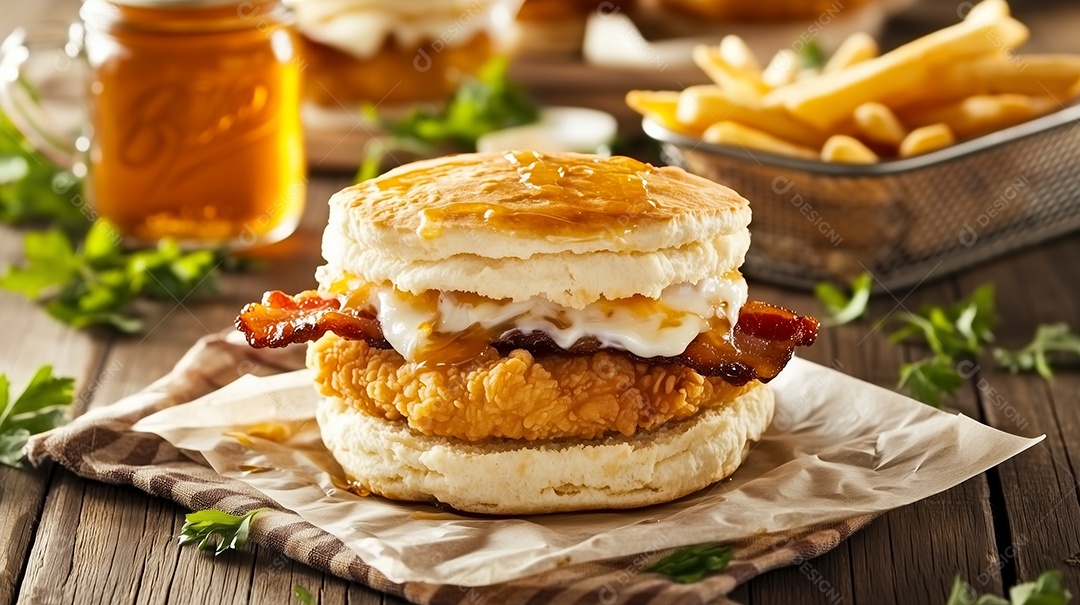 Delícioso hambúrguer de frango com bacon sobre mesa de madeira