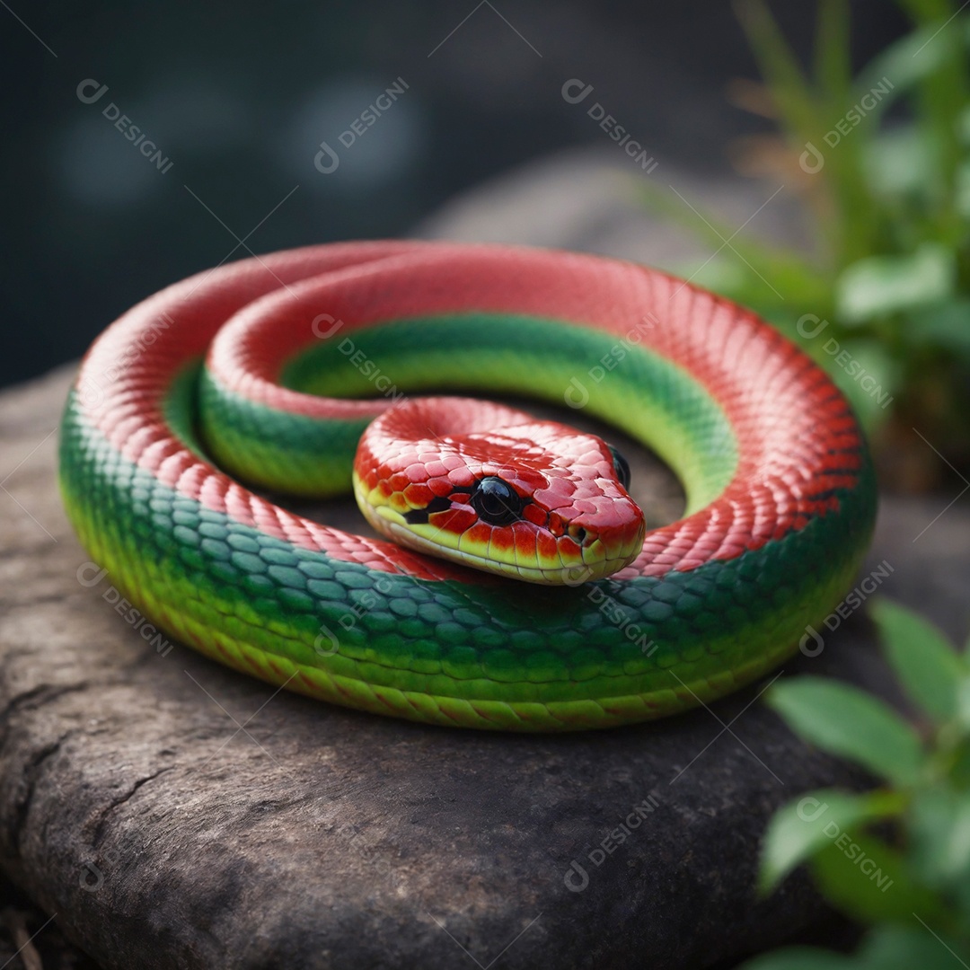 Linda cobra com coloração perfeita verde vermelha enrolada em tronco de madeira sobre fundo desfocado