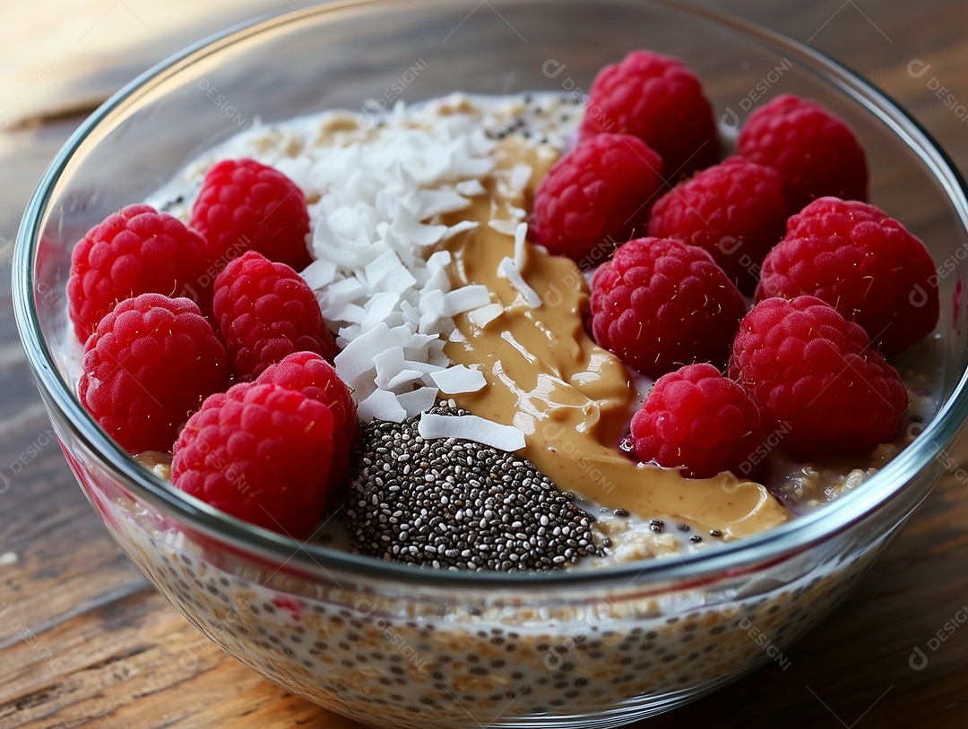 Tijela com frutas e grãos frescos sobre mesa de madeira
