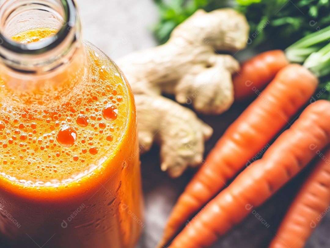 Vitamina de cenoura com gengibre sobre fundo desfocado