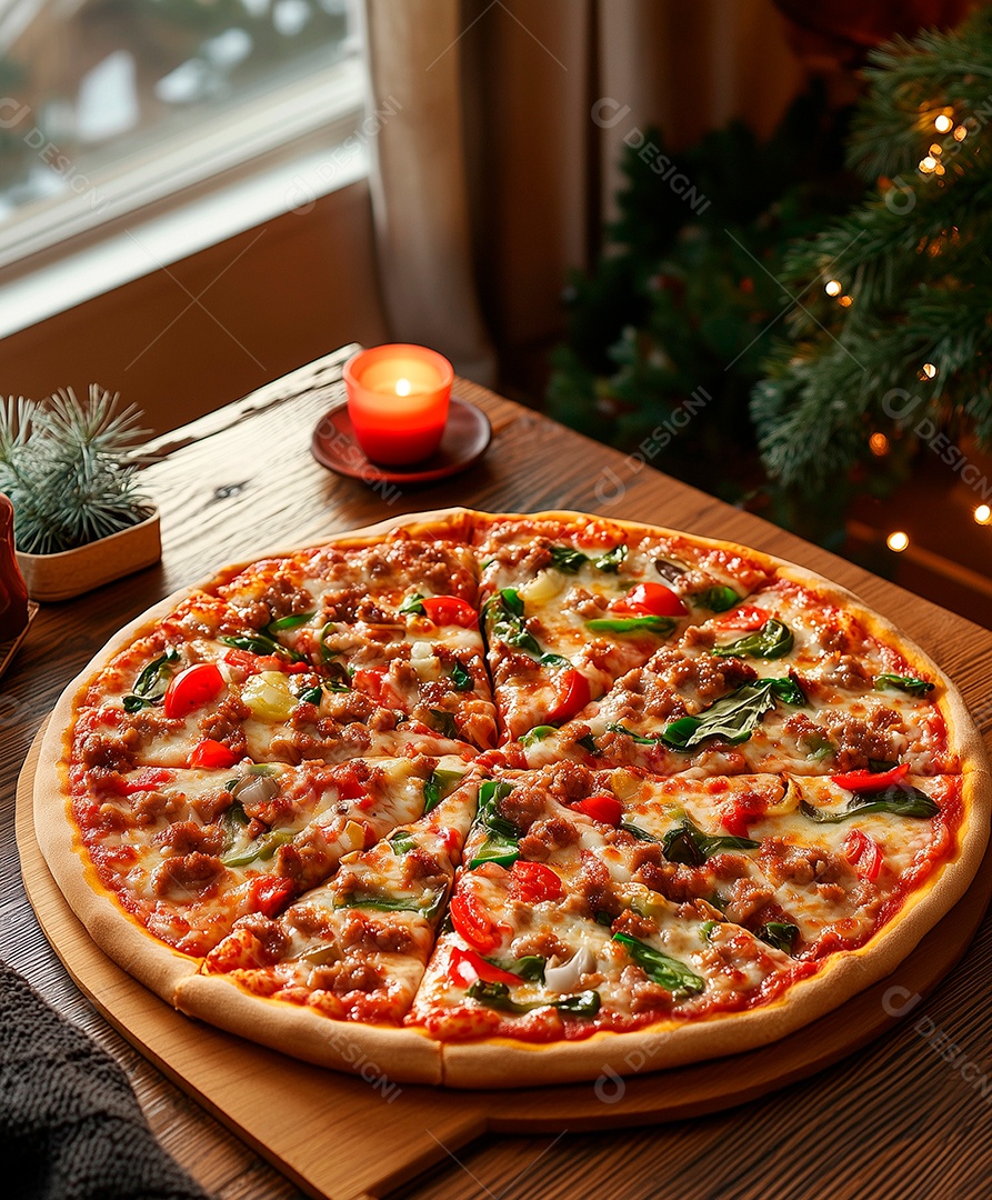 Pizza de calabresa em tábua sobre mesa de madeira