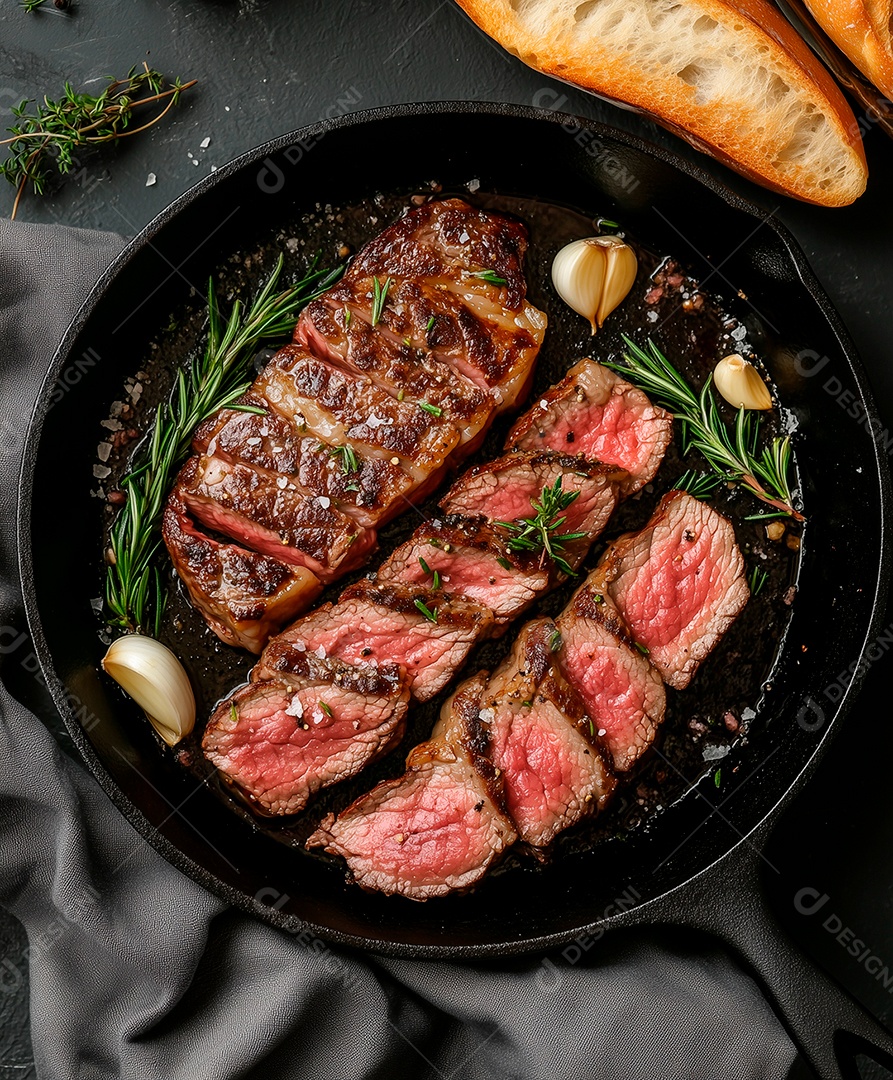 Carne em cubos mal passada em panela sobre mesa de madeira