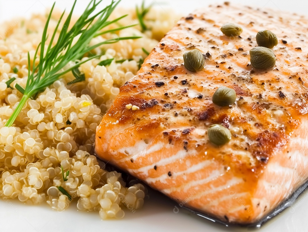 Filé de salmão grelhado ao ponto com risoto sobre fundo desfocado