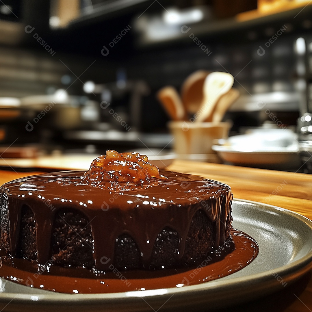 Lindo bolo de chocolate caramelizado em bandeija sobre mesa de madeira