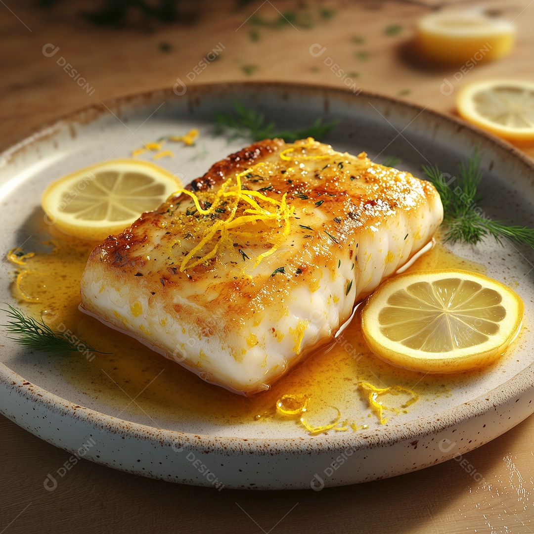 Lindo filé de salmão com raspas de limão em prato sobre mesa de madeira