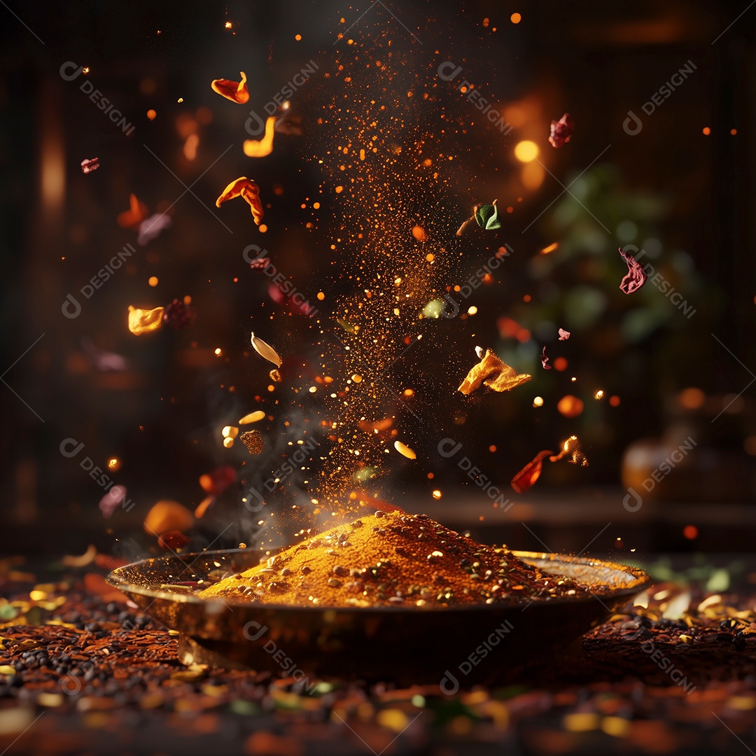 Linda explosão de sabores de temperos picantes sobre fundo desfocado