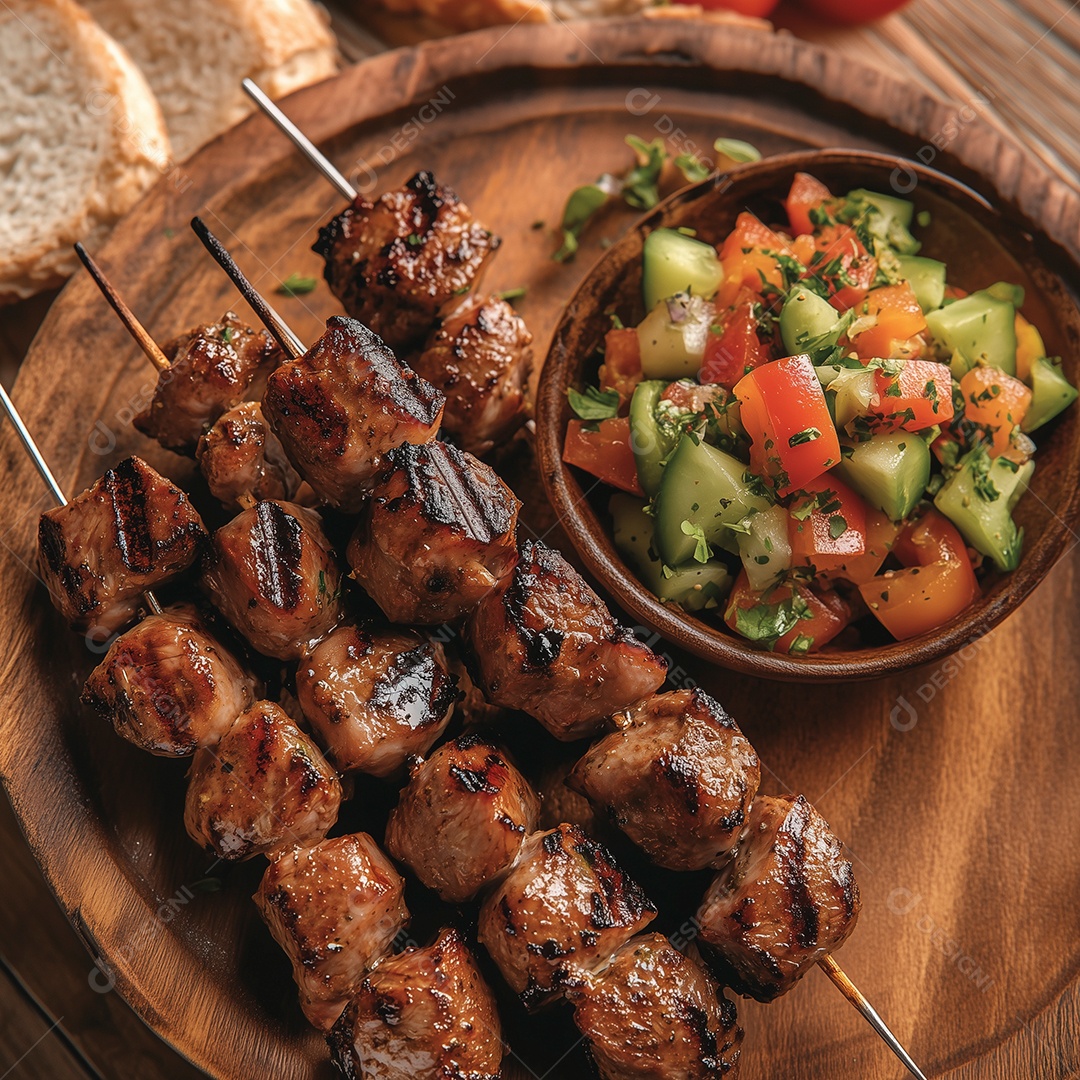 Saborosos espetinhos acompanhado com vinagrete em tábua de madeira sobre mesa de madeira