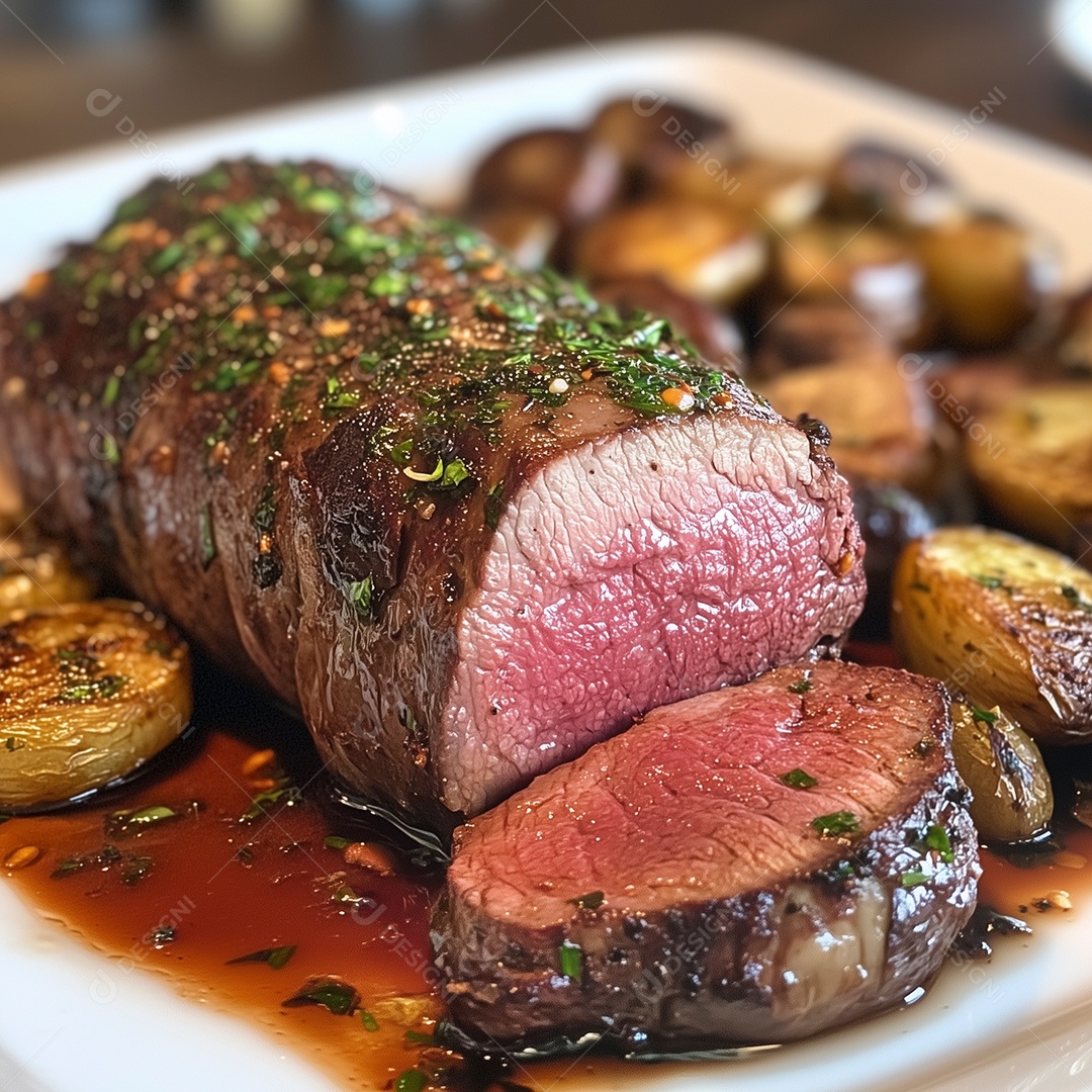 Carne mal passada com batatas em prato sobre mesa de madeira