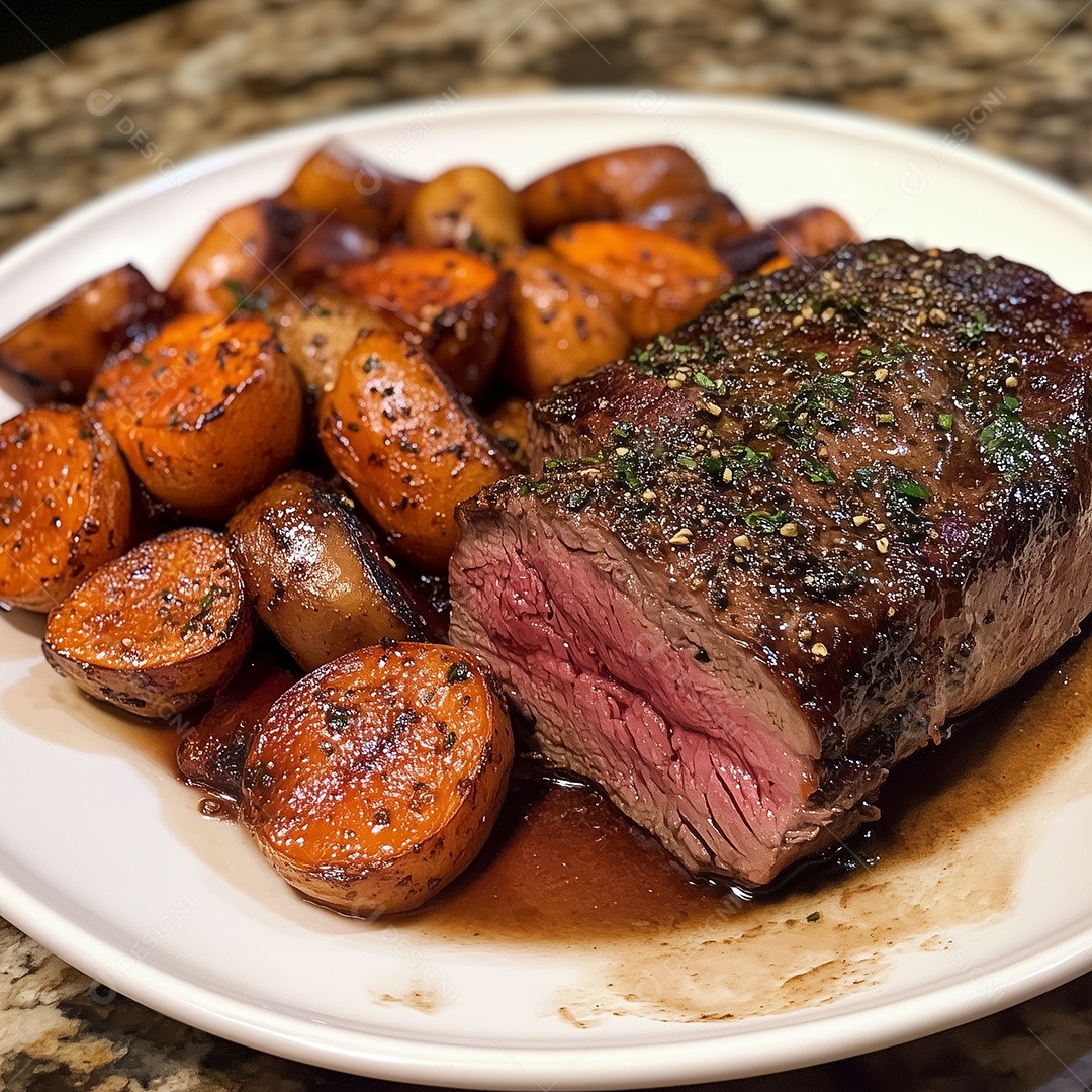 Carne mal passada com batatas em prato sobre mesa de madeira