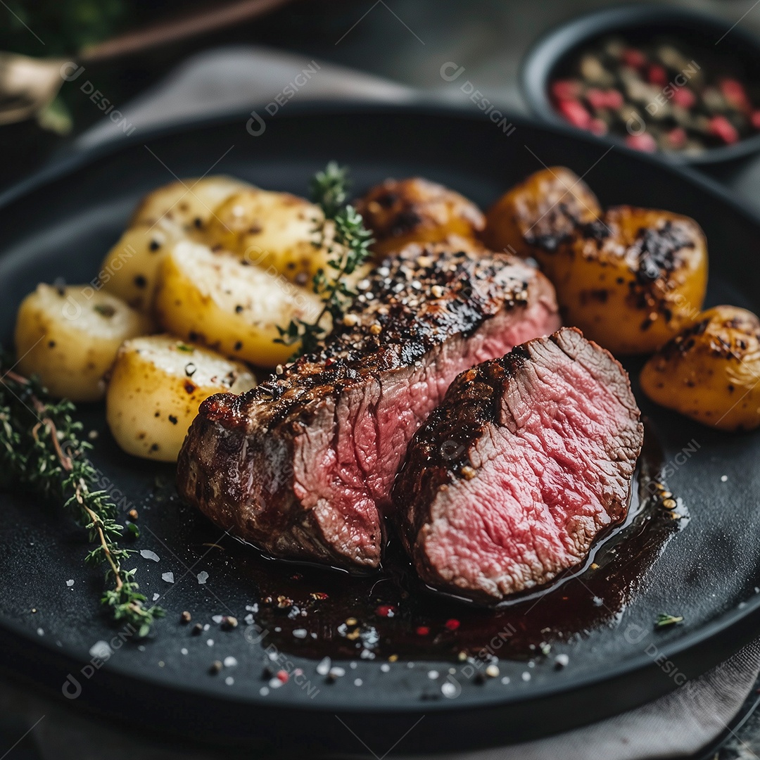 Carne mal passada com batatas em prato sobre mesa de madeira