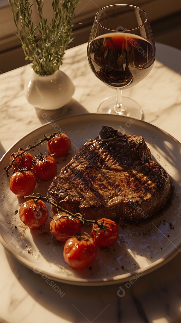 Lindo bifé bem passado com tomate em prato ao lado de taça de vinho Sobre mesa de marmore