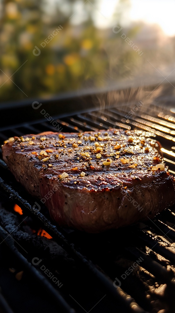 Carne sendo grelhada em espaço natural sobre uma churrasqueira