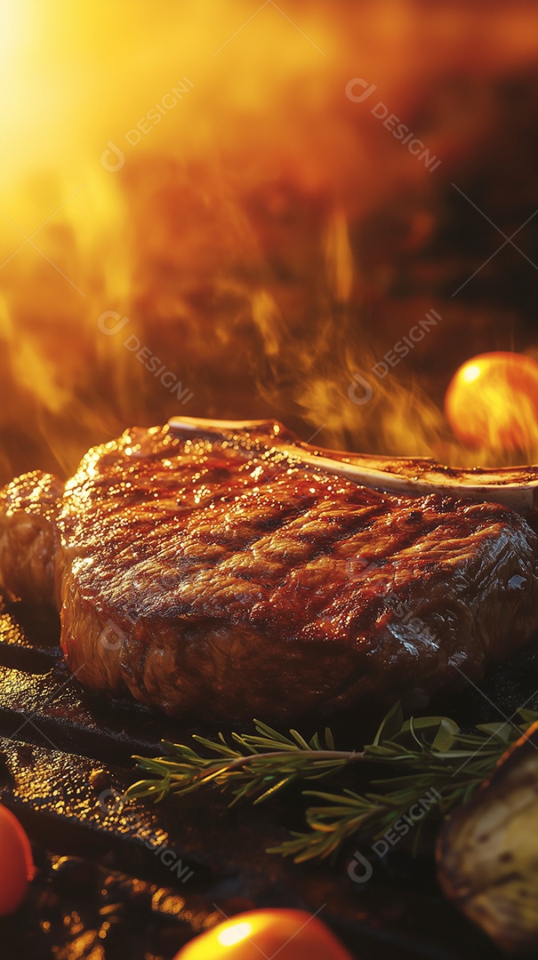 Filé de carne suculenta saindo o vapor em tábua de madeira sobre fundo desfocado