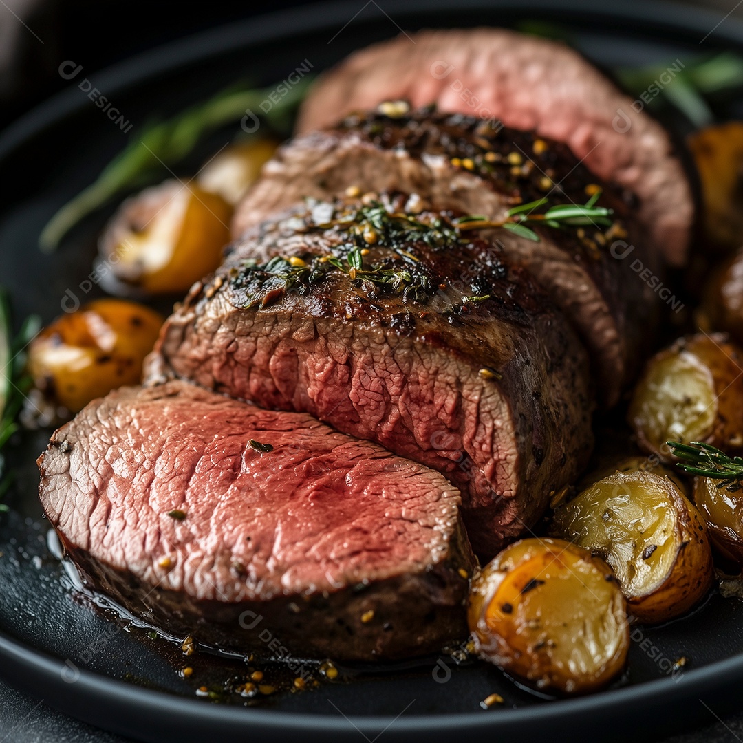 Carne mal passada com batatas em prato sobre fundo isolado