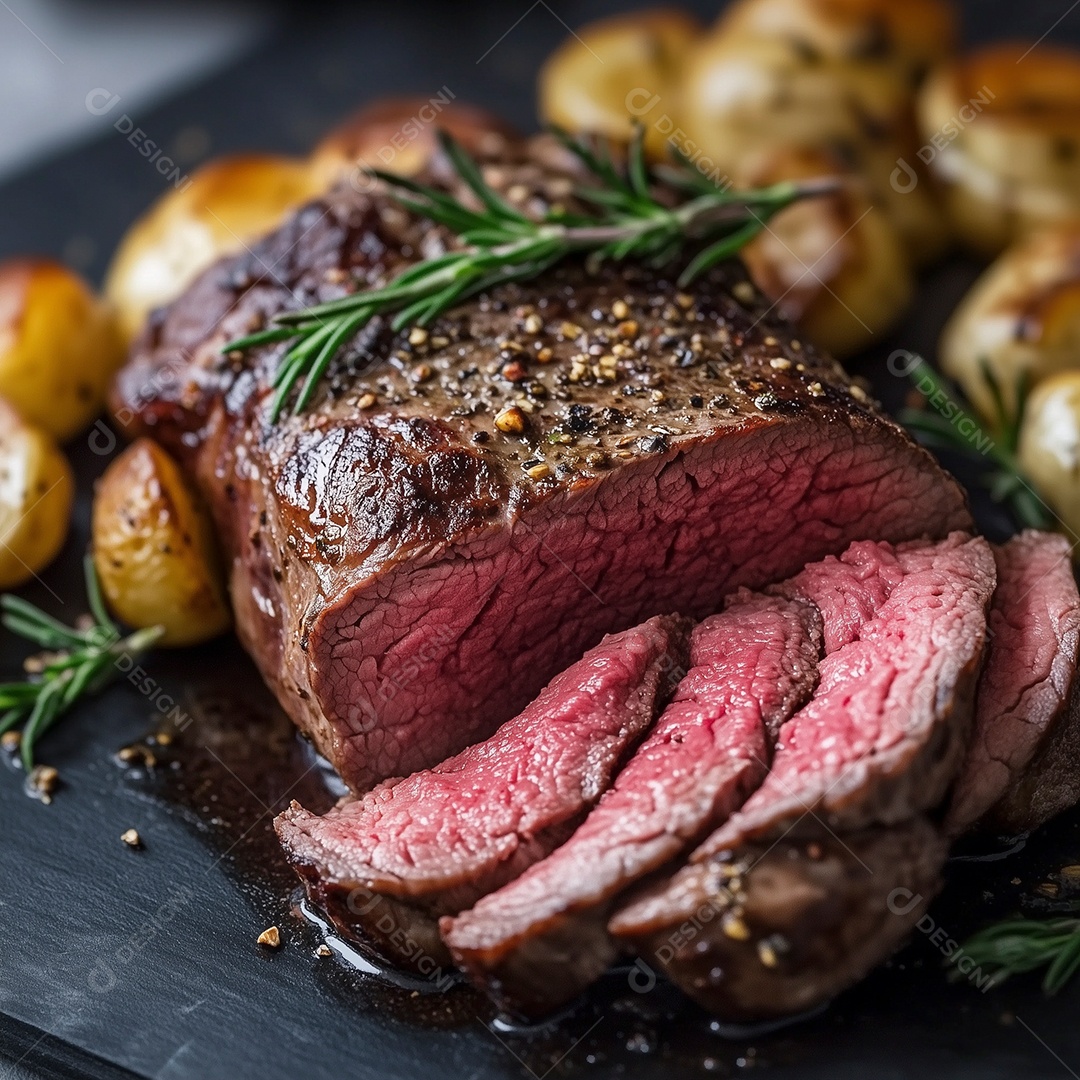 Carne mal passada com batatas em tábua de madeira sobre fundo isolado