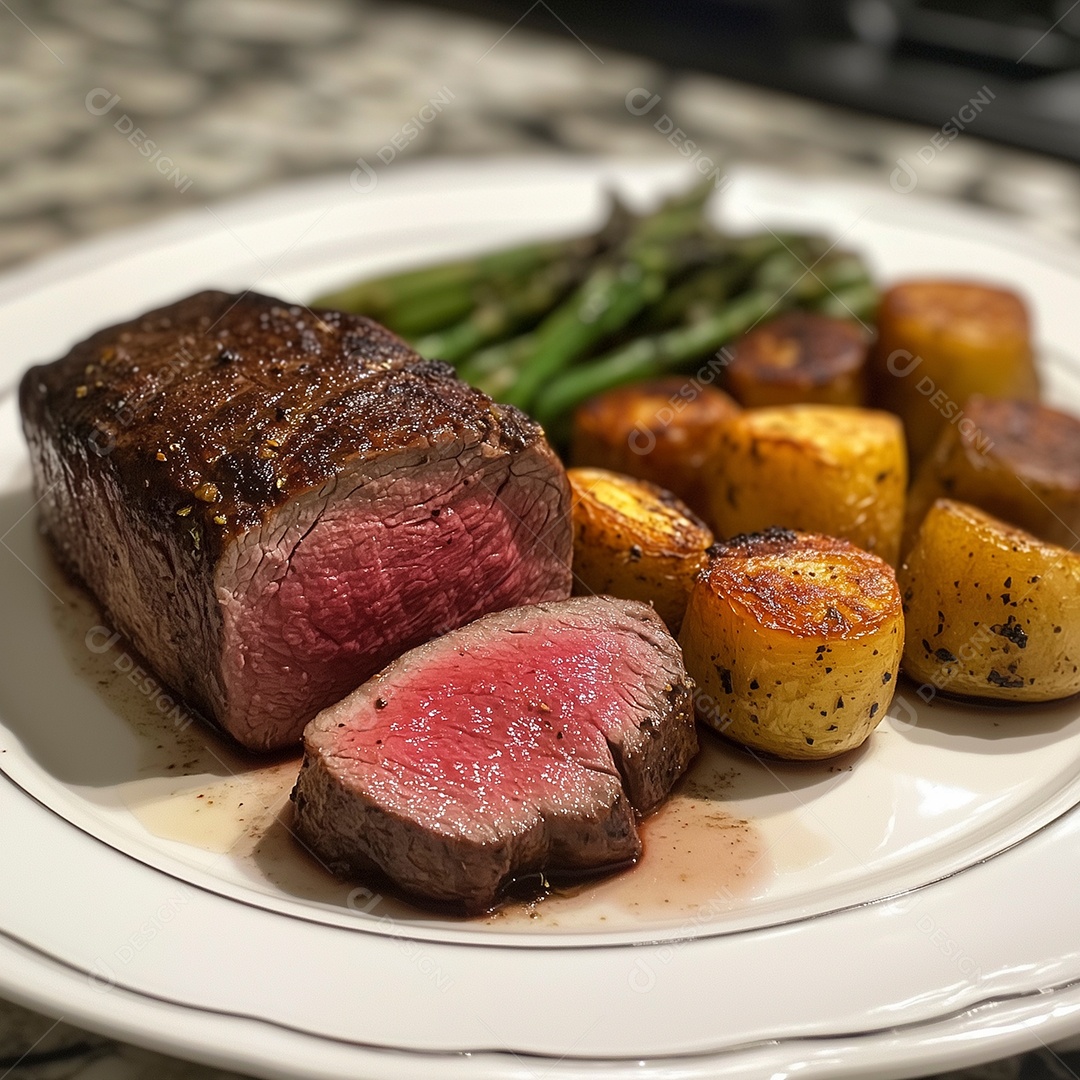 Carne mal passada com batatas em prato sobre mesa de marmore