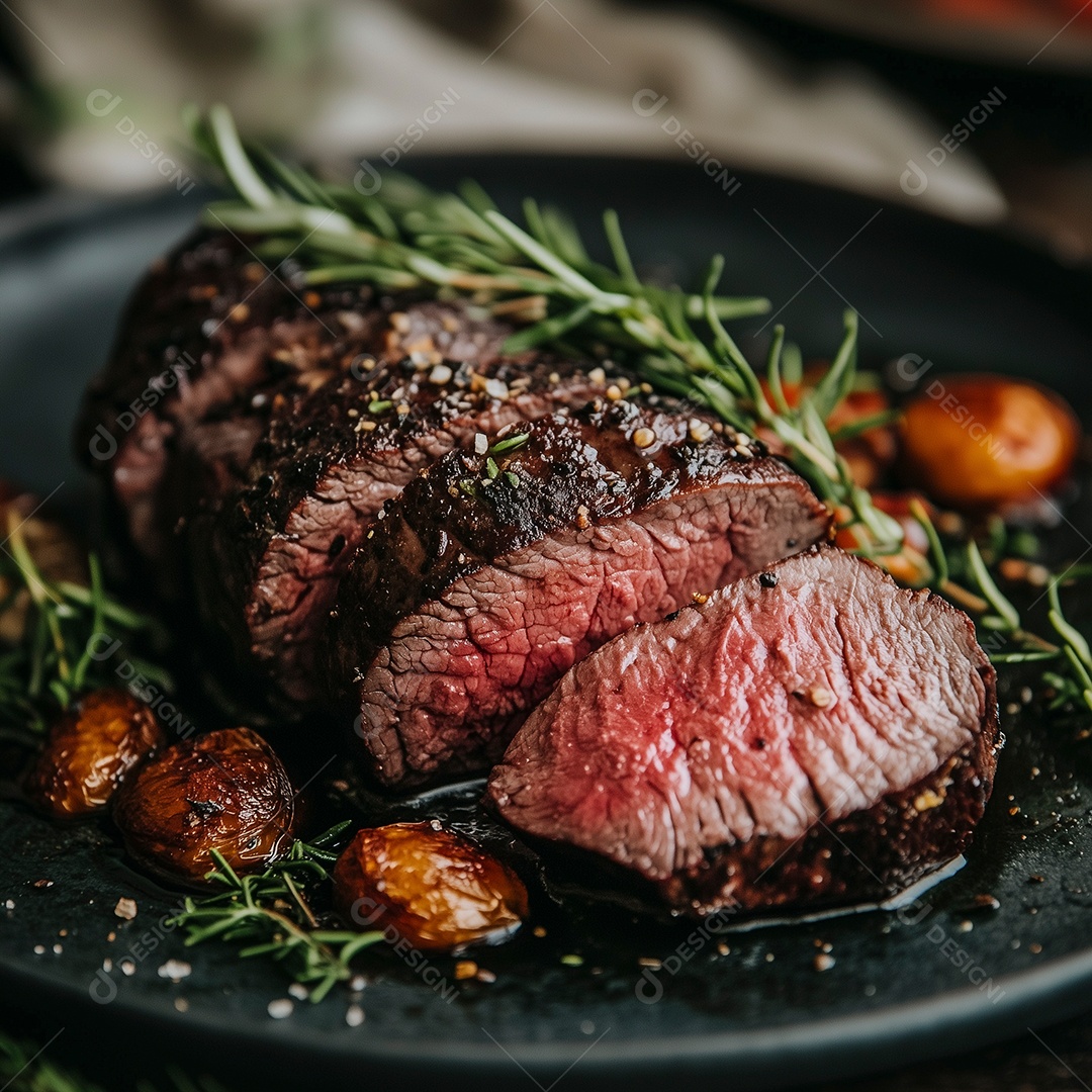 Carne mal passada com batatas em prato sobre fundo isolado