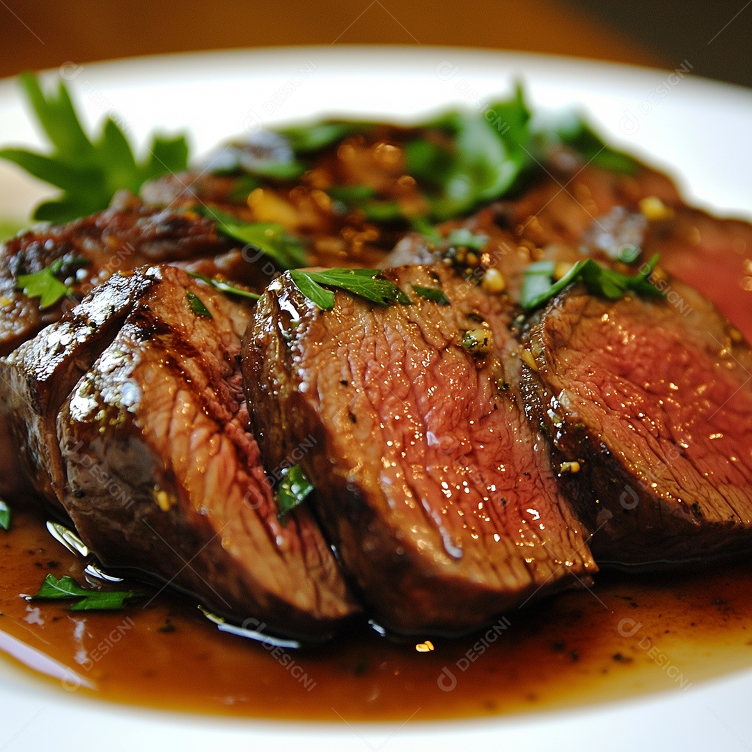 Carne mal passada ao molho em prato sobre mesa de madeira