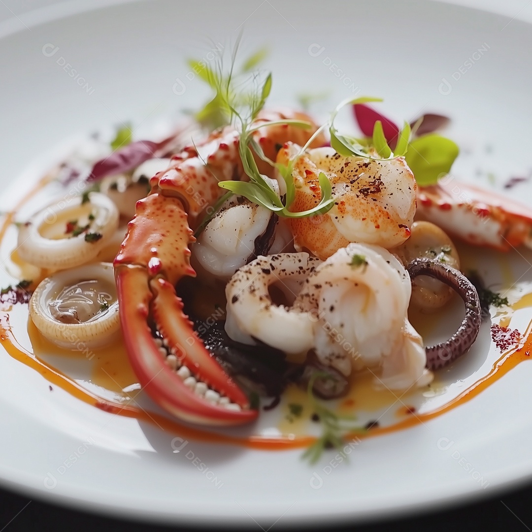 Delícioso aperitvo de frutos do mar em prato sobre fundo isolado