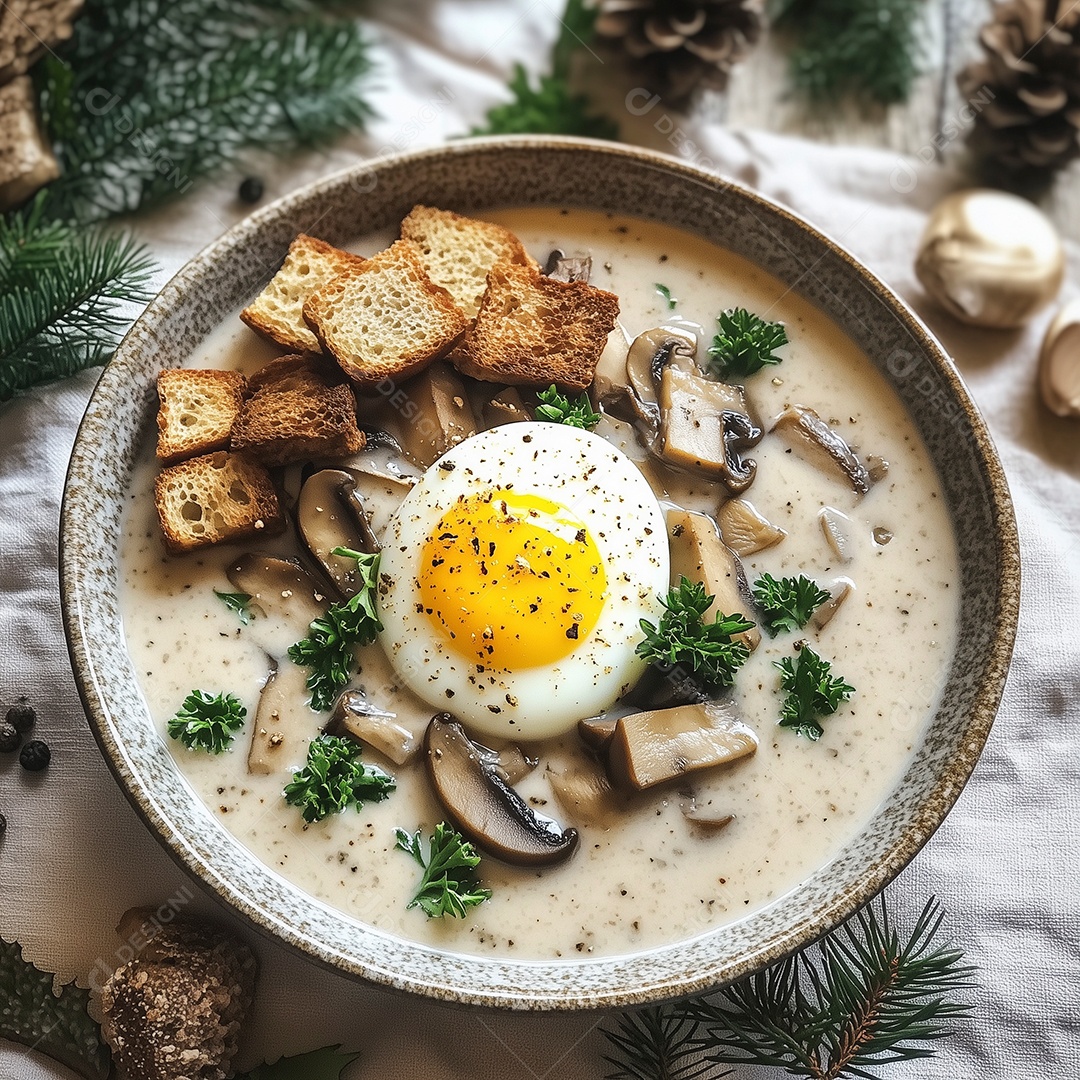 Delíciosa sopa com cogumelos torradas ovo e salsa em uma tijela sobre mesa de madeira