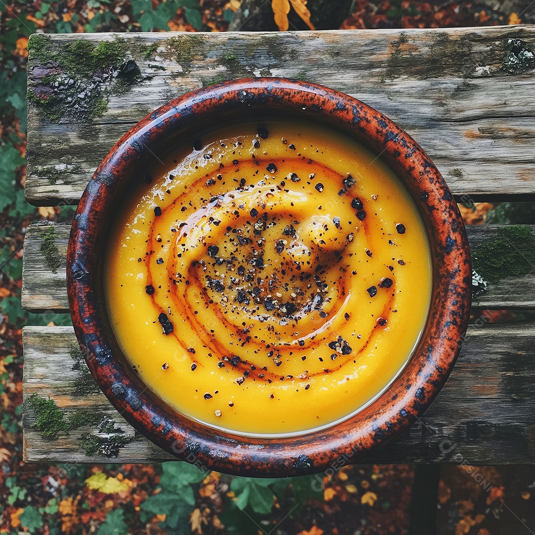 Lindo mousse de abóbora em tijela sobre mesa de madeira
