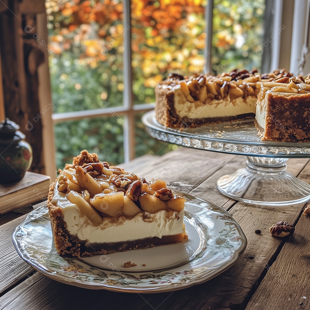 Delícioso bolo de maçã com nozes sobre mesa de madeira