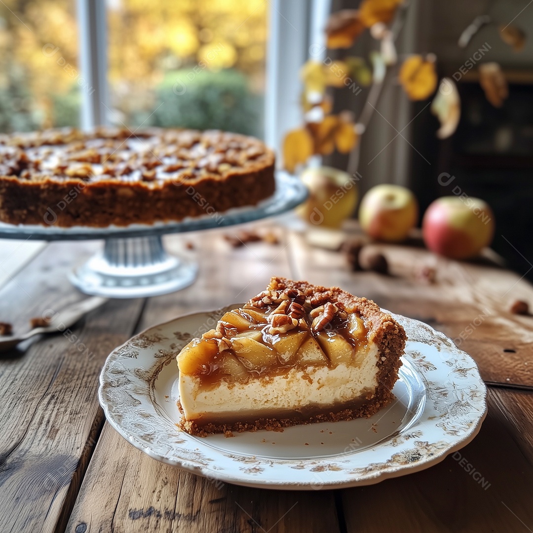 Linda fatia de bolo com maçã com nozes em prato sobre mesa de madeira