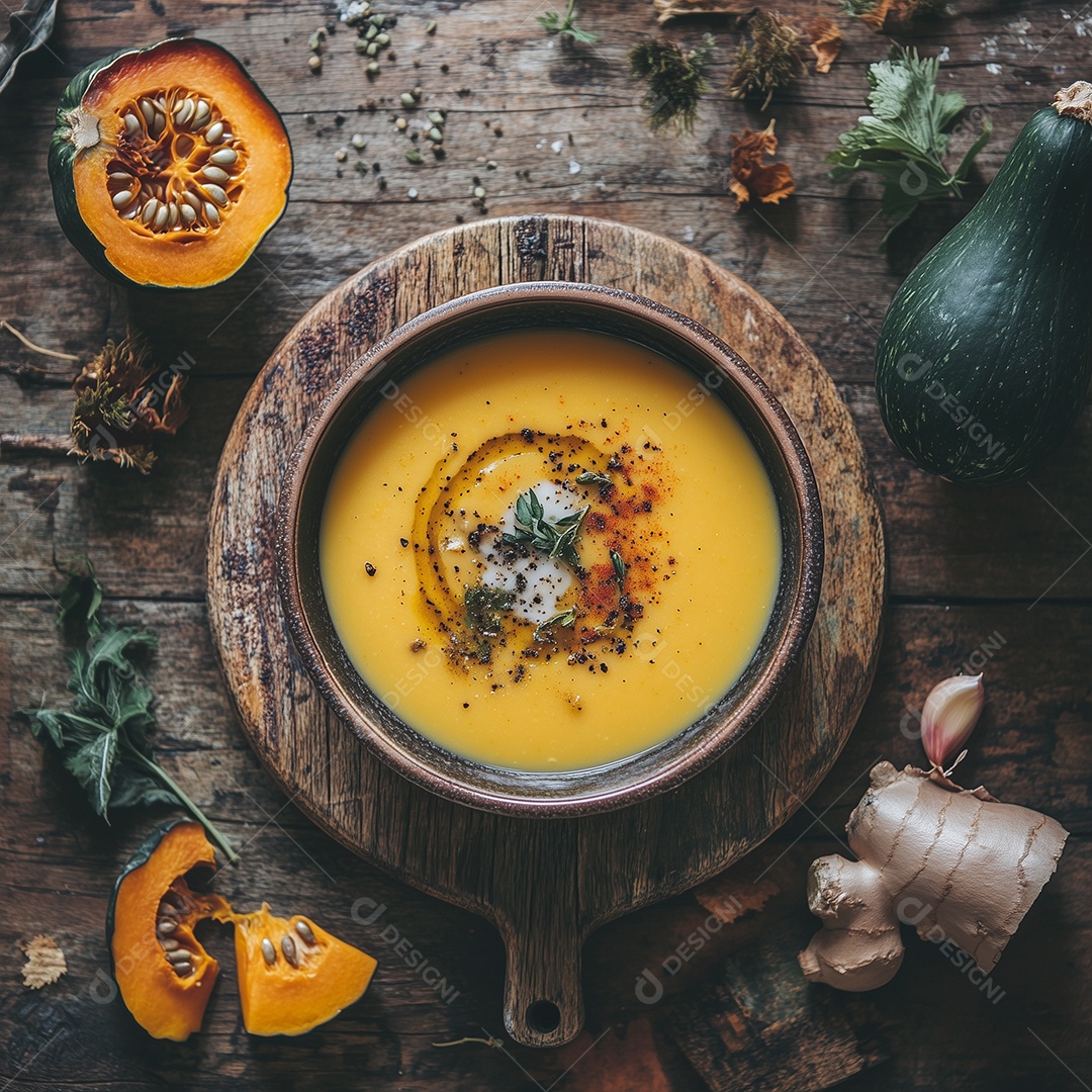 Linda sopa de abóbora com gengibre em uma tijela sobre mesa de madeira