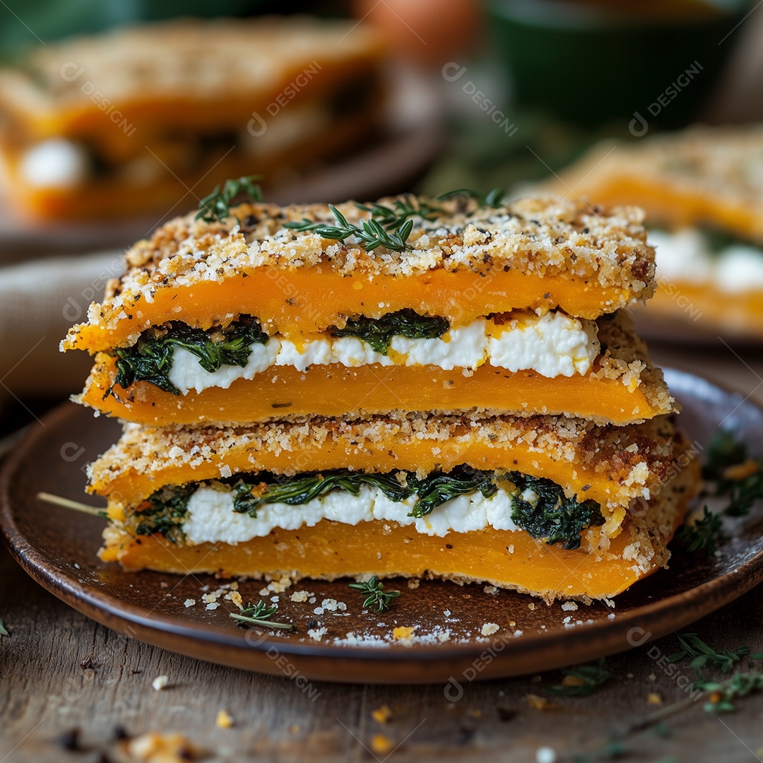 Torta de abóbora com queijo coalho e salsa em um prato sobre mesa de madeira