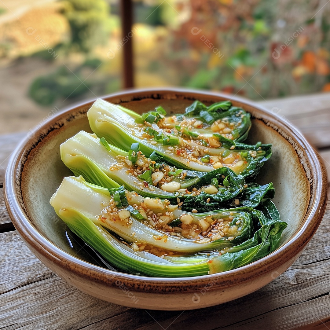 Tijela com couve cozido temperado sobre mesa de madeira