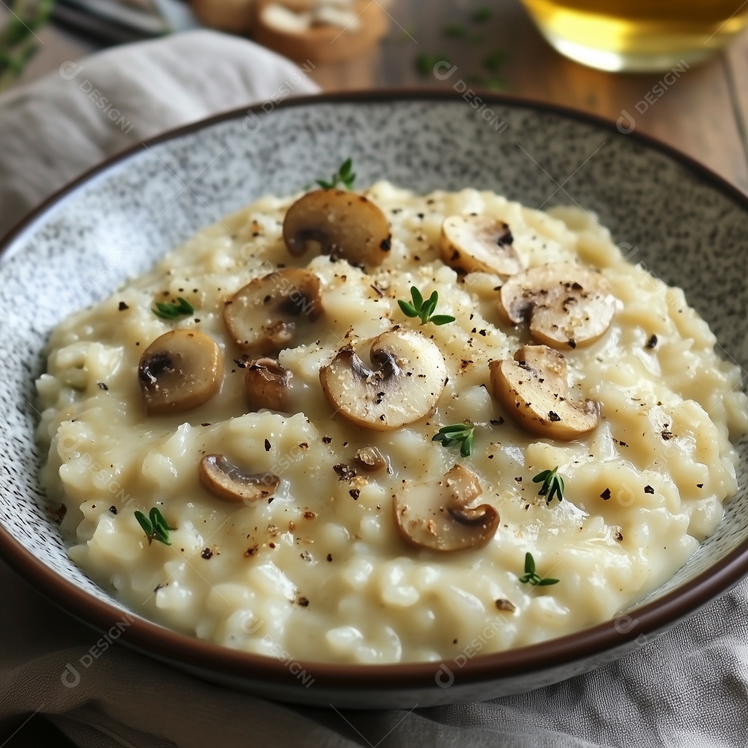 Tijela com risoto salsa e cogumelo sobre mesa de madeira