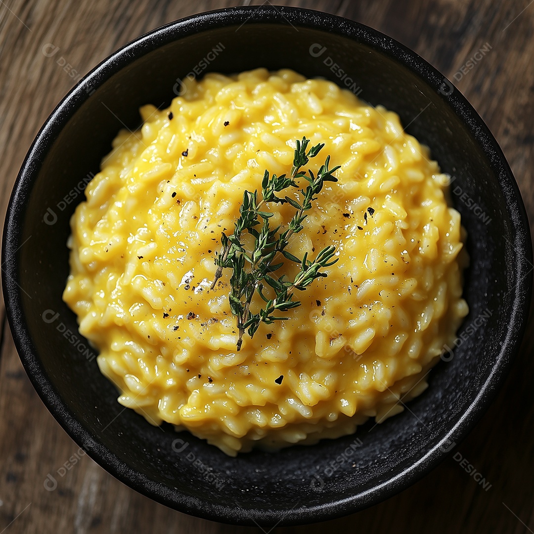 Delícioso risoto com salsa em tijela sobre mesa de madeira
